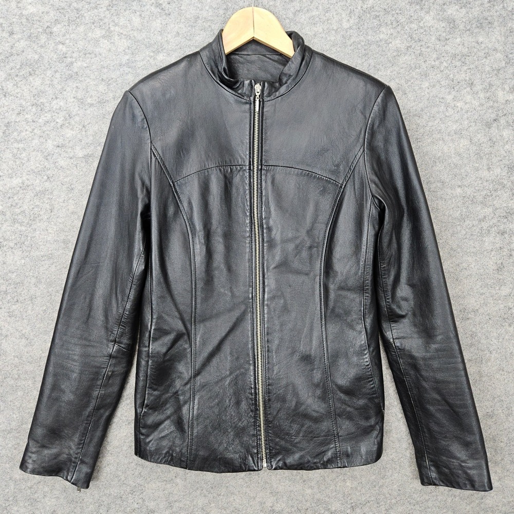 Vakko‎ Sport Women's Black 100% Leather Jacket Size S Full Zip Moto Biker FLAW